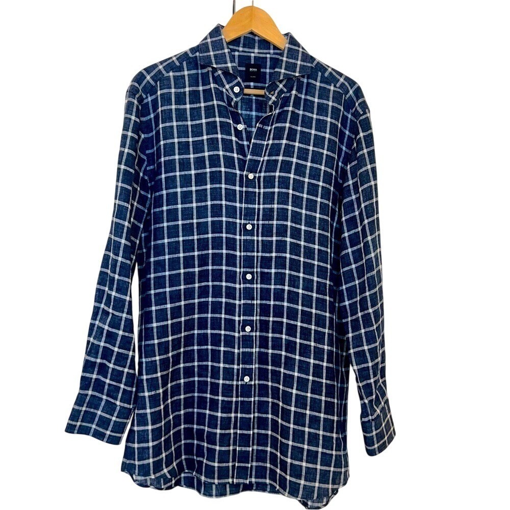 Hugo Boss Tailored Shirt Mens 16 Blue White Windowpane Slim Fit Italian Fabric